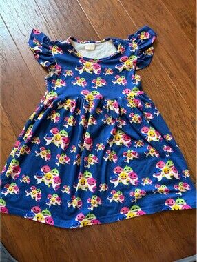 Toddler Large Blue Dress with Colorful Cartoon Print